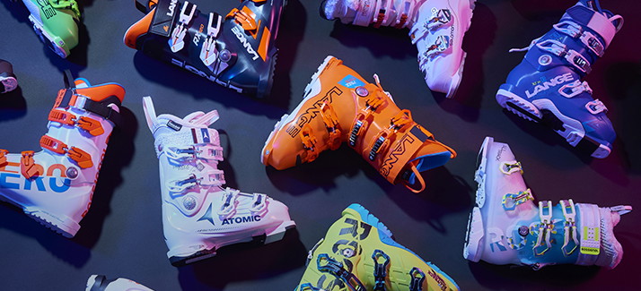 An image of a different ski boots in a variety of brands and colours