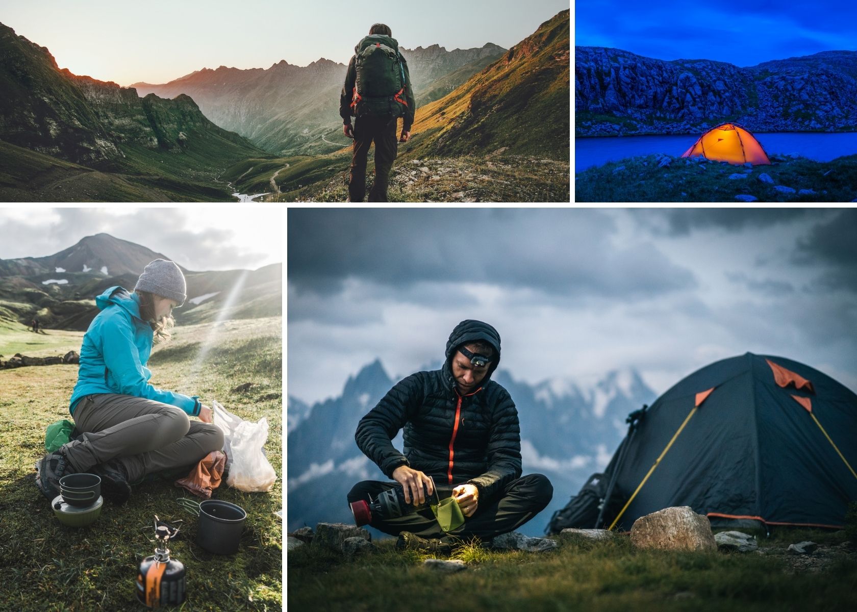 An image of a group of people at various wild camping destinations