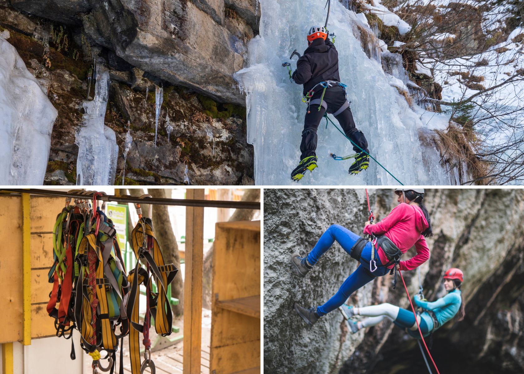 A collection of images showcasing climbing harnesses for different uses 