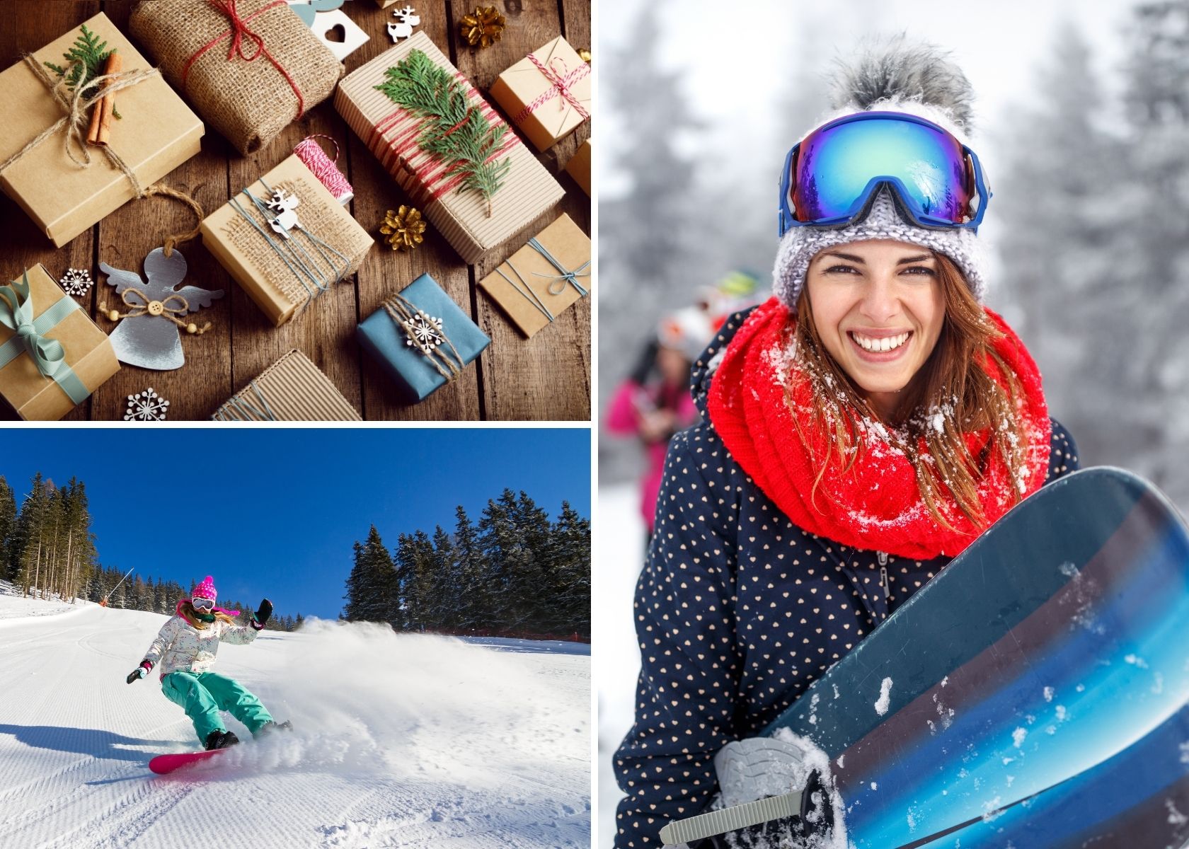 Snowboarders with their Christmas gifts 