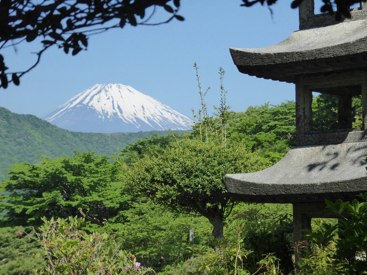 Mount Fuji in the distance with traditional Japanese architecture 