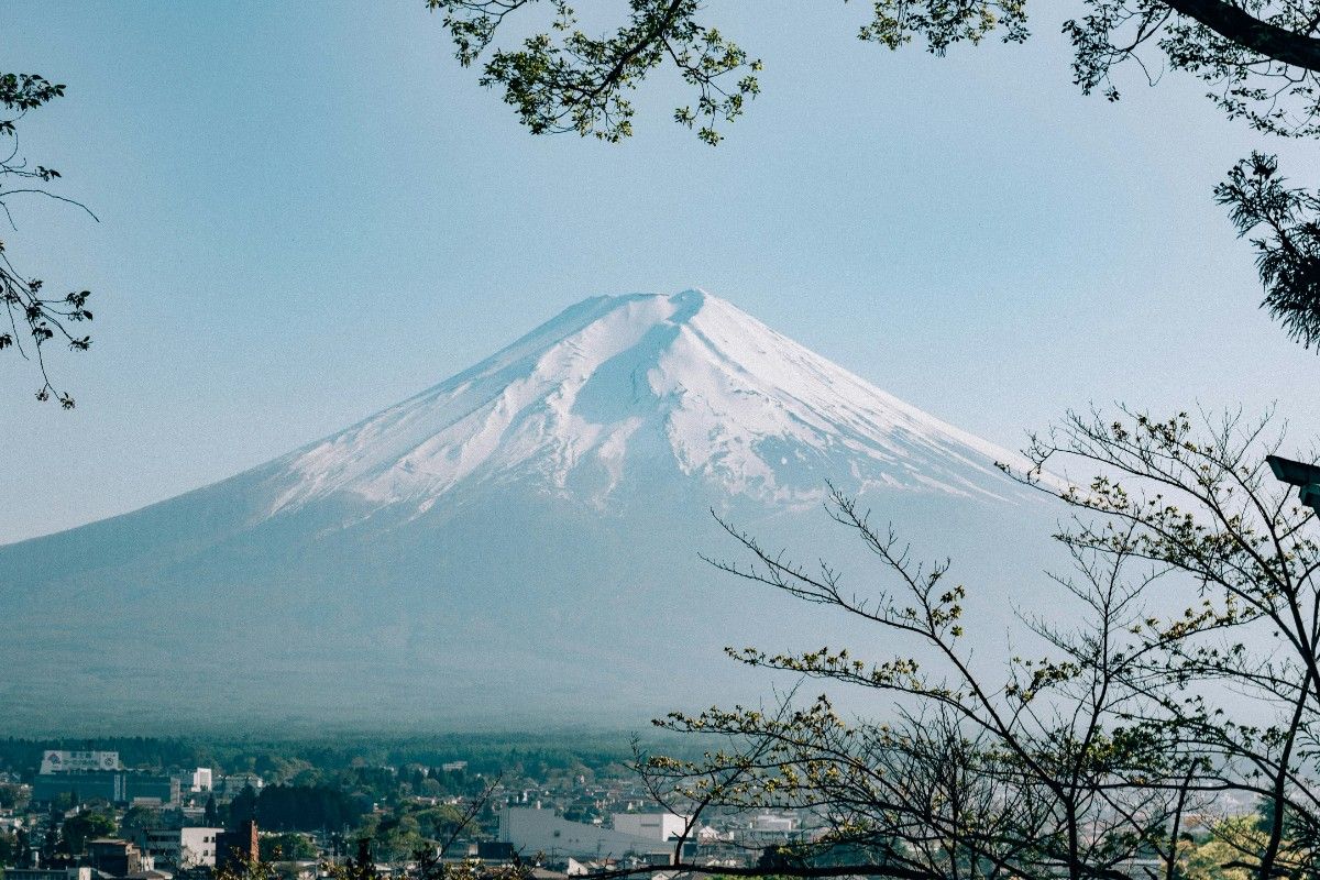 A photo of Mount Fuji, covered in snow 